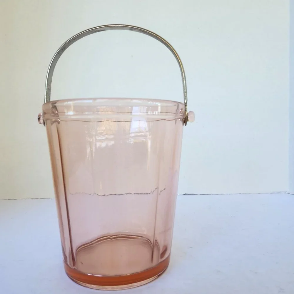 Antique Pink Depression Glass Minimalist Ice Bucket with Silver Handle